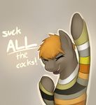  braeburned english_text equine eyes_closed friendship_is_magic gay hair male mammal my_little_pony orange_hair solo stated_homosexuality striped_sweater super_gay sweater text umber 