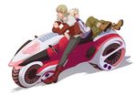  barnaby_brooks_jr belt blonde_hair boots glasses green_eyes ground_vehicle ivan_karelin jacket letterman_jacket male_focus md5_mismatch motor_vehicle motorcycle multiple_boys purple_eyes purple_jacket studded_belt sugame_(himitsu_kichi) tiger_&amp;_bunny 