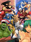  6+boys big_hair bodysuit bouncing_breasts breasts bruce_banner captain_america claws cleavage dante_(devil_may_cry) devil_may_cry dougi felicia headband hulk iron iron_man kageaki large_breasts marvel marvel_vs._capcom marvel_vs._capcom_3 morrigan_aensland multiple_boys multiple_girls ryuu_(street_fighter) shield shouryuuken steve_rogers street_fighter strider_(video_game) strider_hiryuu tony_stark uppercut vampire_(game) wolverine x-23 x-men yellow_bodysuit 