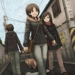  bag brown_eyes brown_hair building coat commentary_request day dog dog_walking jacket leash multiple_girls open_mouth original power_lines road scarf short_hair shoulder_bag sky street vanishing_point yajirushi_(chanoma) 