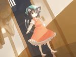  :3 animal_ears barefoot bow brown_eyes brown_hair cat_ears cat_tail chen child earrings eyebrows hat jewelry juraki_hakuaki multiple_tails red_eyes reflection short_hair solo standing tail touhou 