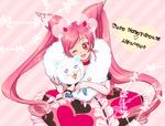  borrowed_character character_name creature cure_honey_dream_(maeashi) double_bun dress eyelashes frills fumio_renge_(maeashi) galibo gloves long_hair magical_girl one_eye_closed original pink_background pink_eyes pink_hair precure smile solo twintails 