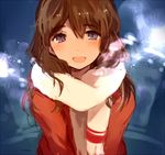  bangs breath brown_hair coat face light_particles long_hair looking_at_viewer open_mouth original purple_eyes scarf sketch smile solo tan_(tangent) upper_body wavy_hair white_scarf winter_clothes 