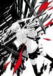  beretta_92 dutch_angle floating_hair foreshortening gun handgun hatsune_miku highres kurenai_karasu long_hair monochrome necktie pistol shell_casing skirt solo sweat thighhighs twintails very_long_hair vocaloid weapon 