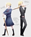  ahoge artoria_pendragon_(all) bad_id bad_pixiv_id blonde_hair capsule_servant crossdressing dual_persona fate/stay_night fate/zero fate_(series) gakuran green_eyes hair_ribbon hands_on_hilt long_hair master_artoria multiple_girls nor_(reader13) over_shoulder planted_sword planted_weapon ponytail reverse_trap ribbon school_uniform serafuku shinai sword sword_over_shoulder weapon weapon_over_shoulder 