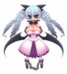  1girl arekishi bdsm blue_eyes blue_hair breasts chains cleavage demon_girl dress drill_hair fang huge_breasts large_breasts loli long_hair original shackle shackles smile solo succubus uni_(arekishi) wings 