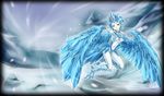  anivia blue_hair cold feathered_wings feathers harpy ice league_of_legends monster_girl nam_(valckiry) personification red_eyes short_hair short_hair_with_long_locks snow solo tail wings 
