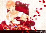  alcohol blonde_hair bottle bracelet brown_eyes brown_hair chair chibi cross cup drinking_glass easy_chair fate/zero fate_(series) gem gilgamesh goldenslumbers jewelry kotomine_kirei male_focus multiple_boys necklace pearl petals plant_on_head red_eyes wine wine_glass 