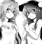  2girls bangs blush breasts detached_sleeves food frog_hair_ornament fruit greyscale hair_ornament hair_tubes hand_on_own_chest hands_up hat hinanawi_tenshi kochiya_sanae long_hair looking_at_viewer monochrome multiple_girls nipples own_hands_together peach sawayaka_samehada simple_background small_breasts smile touhou white_background 