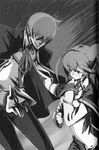  1girl blazblue cape celica_a_mercury greyscale hair_over_eyes kazuma_kuvaru monochrome official_art ponytail ribbon uniform 