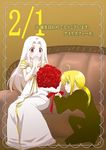  artoria_pendragon_(all) birthday blonde_hair blue_eyes blush bouquet covering_mouth dress fate/zero fate_(series) flower formal fujisawa_hikaru irisviel_von_einzbern long_hair multiple_girls pant_suit ponytail red_eyes saber suit white_hair 