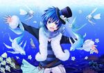  agi_(holic2007) animal blue_eyes blue_hair fish flowers hat kaito scarf short_hair underwater vocaloid water 