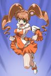  animal_ears bad_id bad_pixiv_id bare_legs bear_ears bear_girl bear_tail blue_background brown_hair cleavage_cutout detached_sleeves full_body green_eyes heart heart_cutout long_hair orange_skirt orange_sleeves original precure rohitsuka shoes skirt smile solo tail twintails white_sleeves 