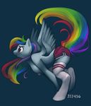  333456 anthro anthrofied bent_over big_breasts blue_background breasts clothing equine female friendship_is_magic hair long_hair mammal multi-colored_hair my_little_pony nipples pegasus plain_background purple_eyes rainbow_dash_(mlp) rainbow_hair shorts side_boob signature socks solo topless wings 