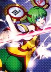  ass blue_eyes chinese_clothes detached_sleeves dragon_kid electricity glowing glowing_eyes green_hair hat ponytail short_hair short_ponytail shorts shouki solo staff superhero tiger_&amp;_bunny 