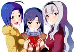  ahoge blue_hair blush box breasts breath chocolate hairband heart-shaped_box idolmaster idolmaster_(classic) idolmaster_2 kisaragi_chihaya long_hair medium_breasts miura_azusa multiple_girls open_mouth purple_eyes red_eyes shijou_takane short_hair smile valentine yoicha 