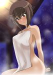  1girl absurdres arm_behind_back bangs blush breasts brown_eyes brown_hair closed_mouth collarbone commentary_request covering eyebrows_visible_through_hair frown girls_und_panzer hand_on_own_chest highres holding holding_towel looking_at_viewer medium_breasts night night_sky nishizumi_maho nude_cover onsen short_hair sitting sky solo star_(sky) starry_sky steam towel wakku_kan wet wet_hair 