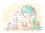  animal aqua_hair cat hata_hata hatsune_miku pink ribbons twintails vocaloid 