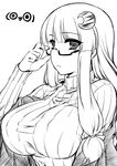  adjusting_eyewear bespectacled breasts crescent crescent_hair_ornament glasses greyscale hair_ornament hair_ribbon large_breasts long_hair monochrome namidame no_hat no_headwear patchouli_knowledge ribbed_sweater ribbon solo sweater touhou upper_body 