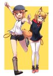  2girls :d animal_ear_fluff animal_ears arm_up bangs bare_arms bare_shoulders baseball_cap belt belt_buckle black_dress black_shorts blonde_hair blush boots brown_belt brown_footwear buckle closed_mouth commentary_request dress eyebrows_visible_through_hair fang fox_ears green_eyes grey_hat hair_between_eyes hair_ornament hairclip hat highres hood hood_down hooded_dress knee_boots minowa_sukyaru multiple_girls open_mouth original red_eyes shoes short_shorts shorts smile standing standing_on_one_leg tassel thighhighs two-tone_background white_background white_legwear white_tank_top yellow_background 