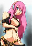  blue_eyes blush breasts center_opening cleavage commentary_request headphones headset large_breasts long_hair looking_at_viewer megane_man megurine_luka navel no_panties pink_hair smile solo thighhighs vocaloid 