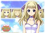  2003 bistro_cupid bistro_cupid_2 blonde_hair blue_eyes character_name choker copyright_name hair_intakes hair_ribbon logo long_hair official_art pandaki_(aki) ribbon smile solo sorrel_nasturtium swimsuit wallpaper white_swimsuit 