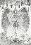  armband bad_id bad_pixiv_id chain copyright_request crown flower gloves highres long_hair monochrome nib_pen_(medium) niwakaike sandals solo thighhighs traditional_media wings 