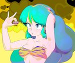  animal_print applying_makeup arien-ahyaraxa armpits bad_id bad_pixiv_id bare_shoulders bikini_top breasts cleavage eyelashes green_hair hand_behind_head horns long_hair lum makeup mascara mascara_wand pink_eyes small_breasts solo tiger_print underboob urusei_yatsura 