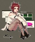  bad_id bad_pixiv_id bare_shoulders berry-a cable choker computer fishnet_pantyhose fishnets headphones long_sleeves original pantyhose personification red_eyes red_hair short_hair sitting solo 