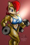  biceps bikini breasts cleavage clothed clothing female goblinhordestudios k9wolf mammal muscles muscular_female rodent sally_acorn sega skimpy smile sonic_(series) squirrel swimsuit tight_clothing weights 