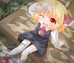  arm_up ascot black_hair blonde_hair blush child dress fang from_above hair_ribbon natsu_no_koucha one_eye_closed open_mouth red_eyes ribbon rumia shading_eyes shadow shirt short_hair sitting smile solo thighhighs touhou veranda white_legwear zettai_ryouiki 