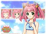  2003 ahoge bell bikini bistro_cupid bistro_cupid_2 blue_bikini character_name cherry_maple copyright_name green_eyes logo official_art pandaki_(aki) pink_hair short_hair sidelocks smile solo swimsuit twintails wallpaper 