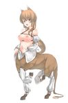  absurdres animal_ears breasts brown_eyes brown_hair centaur detached_sleeves fang highres horse_ears large_breasts long_hair looking_at_viewer monster_girl nipples open_mouth original smile solo topless zhu_fun 