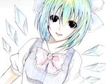  blue_hair cirno ice ice_wings pale_skin ribbon shisei_(kyuushoku_banchou) short_hair smile solo touhou wings 