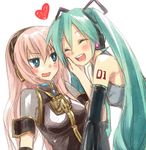  aqua_hair blue_eyes blush closed_eyes hatsune_miku heart hijiki_(hijikini) long_hair megurine_luka multiple_girls pink_hair sketch smile vocaloid 