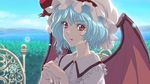  anime_coloring bat_wings blue_hair day face hat matsudo_aya md5_mismatch nature ocean red_eyes remilia_scarlet scenery short_hair sky solo touhou upper_body wings 