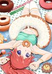  arms_up bare_shoulders blue_eyes bracelet brown_hair doughnut eating food icing idolmaster idolmaster_cinderella_girls jewelry looking_up mouth_hold navel shiina_noriko smile solo taka_shida thighhighs upside-down white_legwear 