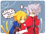  2boys animal_ears arc_system_works blazblue blazblue:_calamity_trigger blonde_hair brothers green_eyes heterochromia kisaragi_jin multiple_boys ragna_the_bloodedge siblings white_hair 