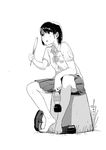  :p bad_id bad_pixiv_id barefoot dr_pepper fan fanning greyscale highres monochrome niwakaike no_socks original pleated_skirt school_uniform shoes shoes_removed short_hair sitting skirt solo tongue tongue_out 