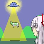 abduction animalization beam bow cow floating fujiwara_no_mokou hair_bow hill horn horn_ribbon horns kamishirasawa_keine long_hair looking_at_another open_mouth red_eyes ribbon seki_(red_shine) silver_hair simple_background solo touhou traction_beam ufo 