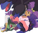  axew big_hair brown_eyes dark_skin deino_(pokemon) dragon gen_5_pokemon iris_(pokemon) lying mokeo on_back one_eye_closed pokemon pokemon_(creature) pokemon_(game) pokemon_bw purple_hair red_eyes zweilous 