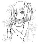  bare_shoulders bracelet camisole floral_background flower greyscale hair_ornament hands haruka_(liong) jewelry lineart monochrome necklace one_side_up original pendant short_hair sky_(freedom) smile solo star steepled_fingers upper_body 