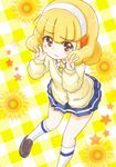  brown_eyes cardigan double_v eyelashes hairband kise_yayoi kneehighs loafers nanairogaoka_middle_school_uniform precure school_uniform shoes skirt smile smile_precure! solo v white_hairband white_legwear yamada_(sakuma_drops) yellow yellow_background 