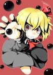 ascot blonde_hair clenched_teeth darkness fang hair_ribbon hecchi_(blanch) outstretched_hand red_eyes ribbon rumia shirt short_hair skirt skirt_set solo teeth touhou 