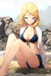  bangs bare_legs barefoot bikini blonde_hair blue_eyes breasts cleavage collarbone dress_shirt earrings front-tie_top jewelry light_smile long_hair lowres medium_breasts midriff open_clothes open_shirt rock rose_pacifica salt_(salty) shirt short_hair sitting smile solo swept_bangs swimsuit sword_girls water 