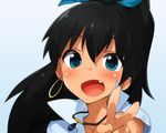  :d aqua_eyes black_hair blush earrings fang ganaha_hibiki hoop_earrings idolmaster idolmaster_(classic) jewelry kaisen_chuui necklace open_mouth ponytail portrait smile solo v 