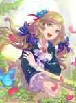  aqua_eyes arch bad_id bad_pixiv_id badge blonde_hair buttons cravat dutch_angle flower frilled_sleeves frills hair_flower hair_ornament hair_ribbon holding_arm long_hair low-tied_long_hair motion_blur open_hand open_mouth original petals ribbon smile solo tob veranda watermark web_address 