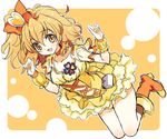  blonde_hair boots choker cure_pine earrings fresh_precure! hair_ornament heart heart_hair_ornament jewelry magical_girl orange_(color) orange_background orange_choker precure side_ponytail skirt smile solo wrist_cuffs yamabuki_inori yellow yellow_eyes yellow_skirt yukiwo 