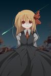  alternate_hair_length alternate_hairstyle arms_behind_back ascot atapon blonde_hair blush hair_ribbon highres long_hair long_skirt night no_nose red_eyes ribbon rumia shirt shooting_star skirt skirt_set smile solo touhou 