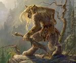  bland-hair canine forest fur gugu-troll hair knife looking_back male mammal scenery shaggy solo tan_fur tree were werewolf wood 